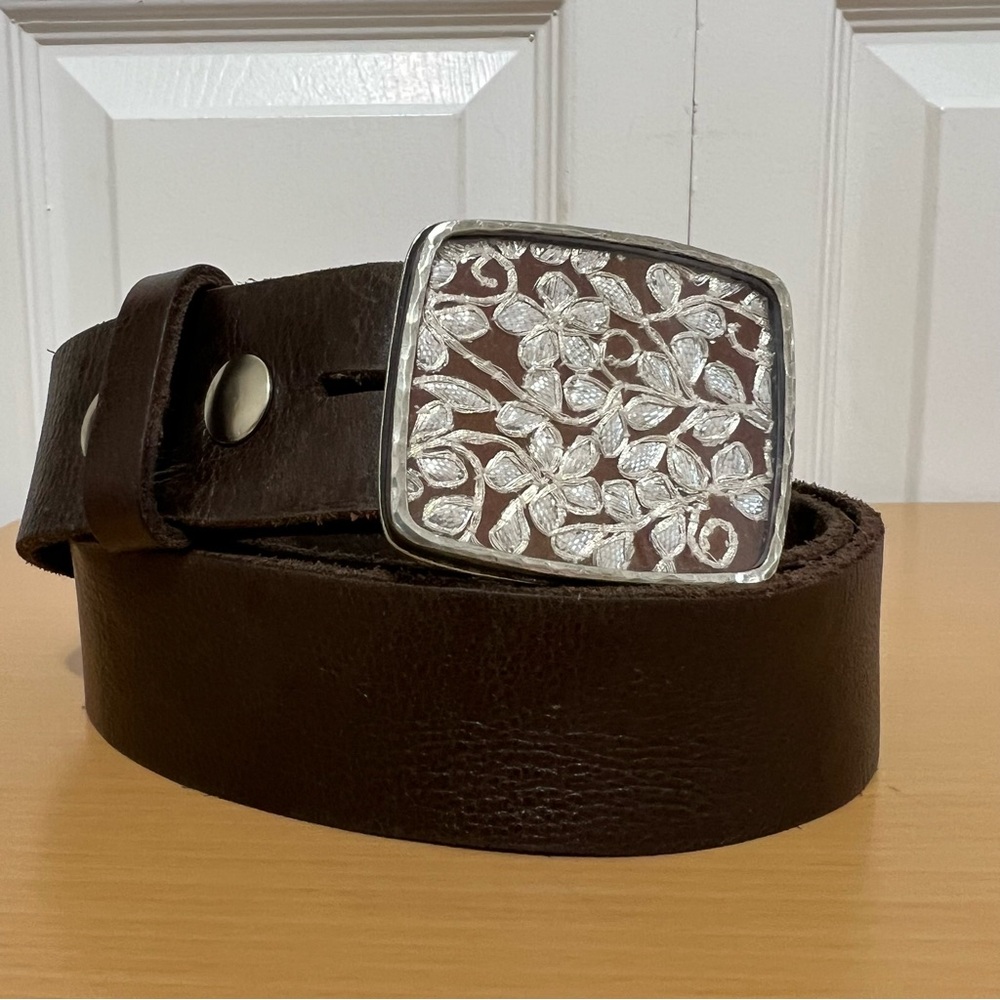 PRESH Leather Belt with Intricate Silver Floral Design Buckle Size 34